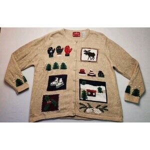 Vintage Holiday Lodge by Northcrest Embroidered Christmas Cardigan, Size 18W